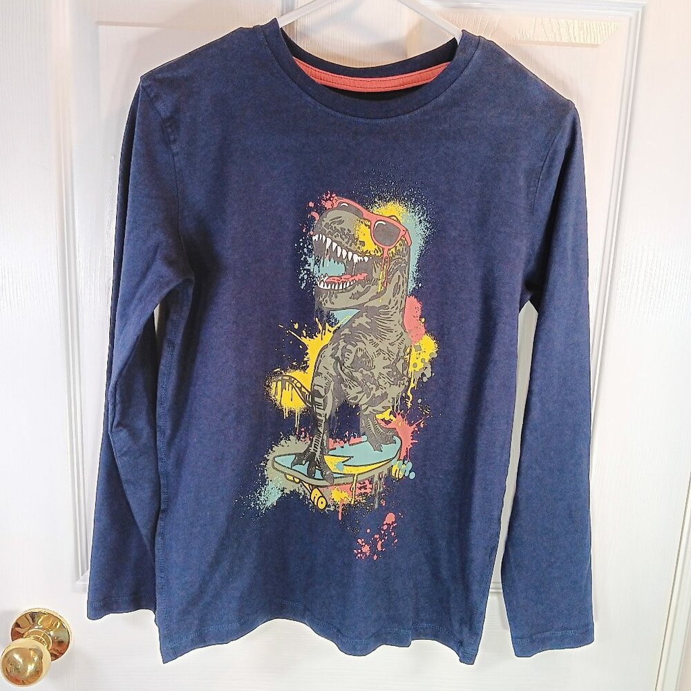 NWOT George Boys Dinosaur Graphic Tee Blue Cotton Long Sleeve T-Shirt Size L